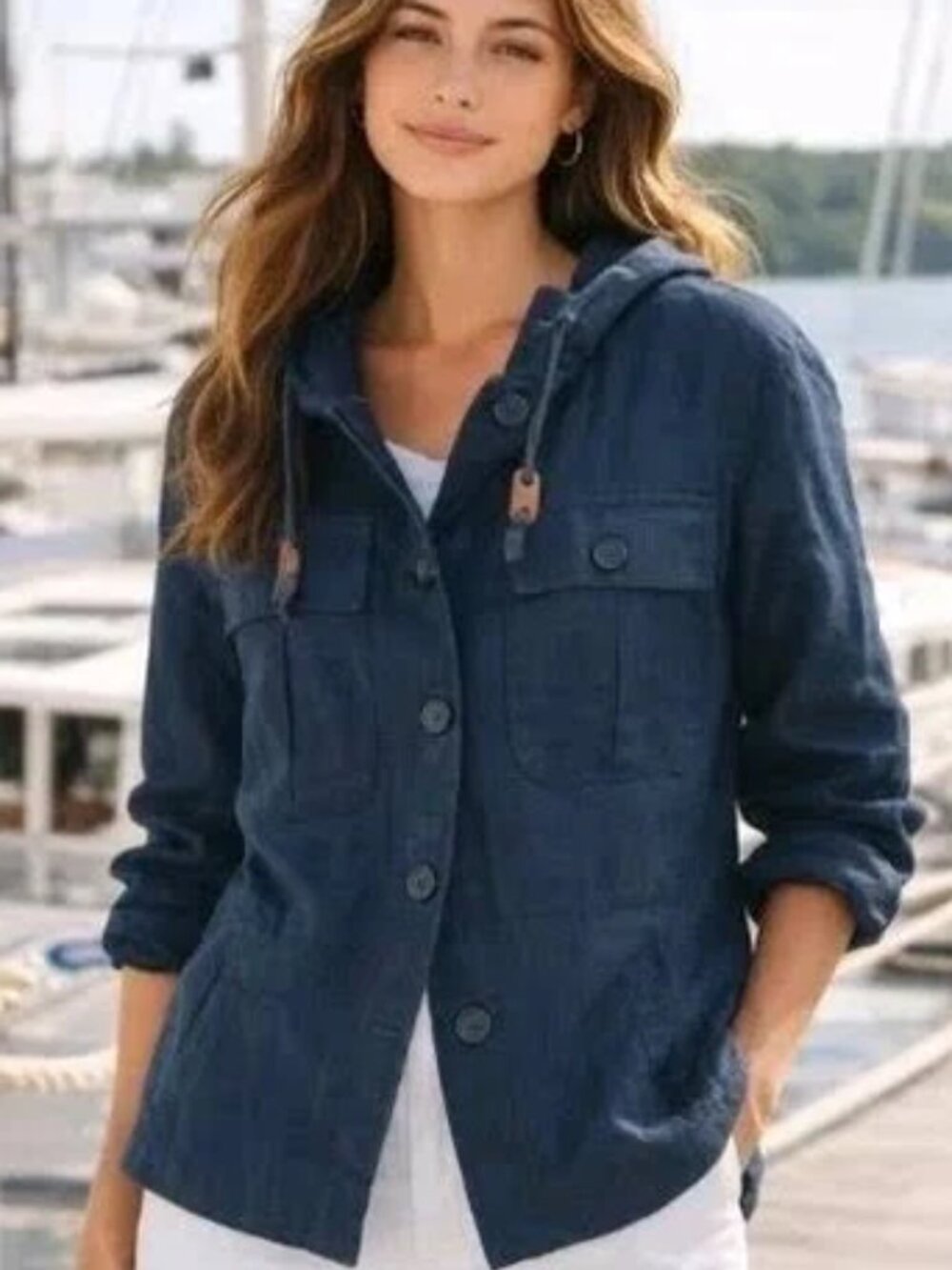 LAUREN RALPH LAUREN  Navy Blue 100% Linen Lightweight Hooded Utility Jacket M